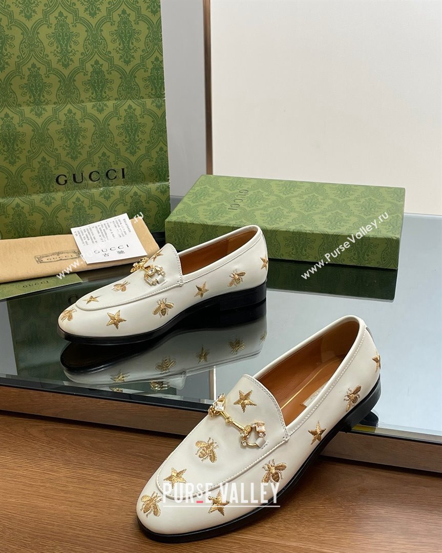 Gucci Jordaan Leather Loafers with Crystal and Bees White 2023 759918 (MD-231012057)