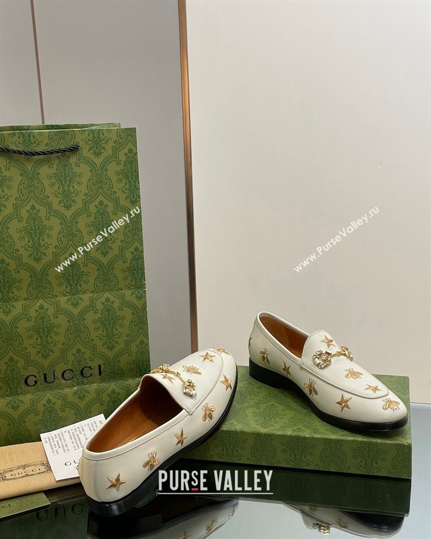 Gucci Jordaan Leather Loafers with Crystal and Bees White 2023 759918 (MD-231012057)