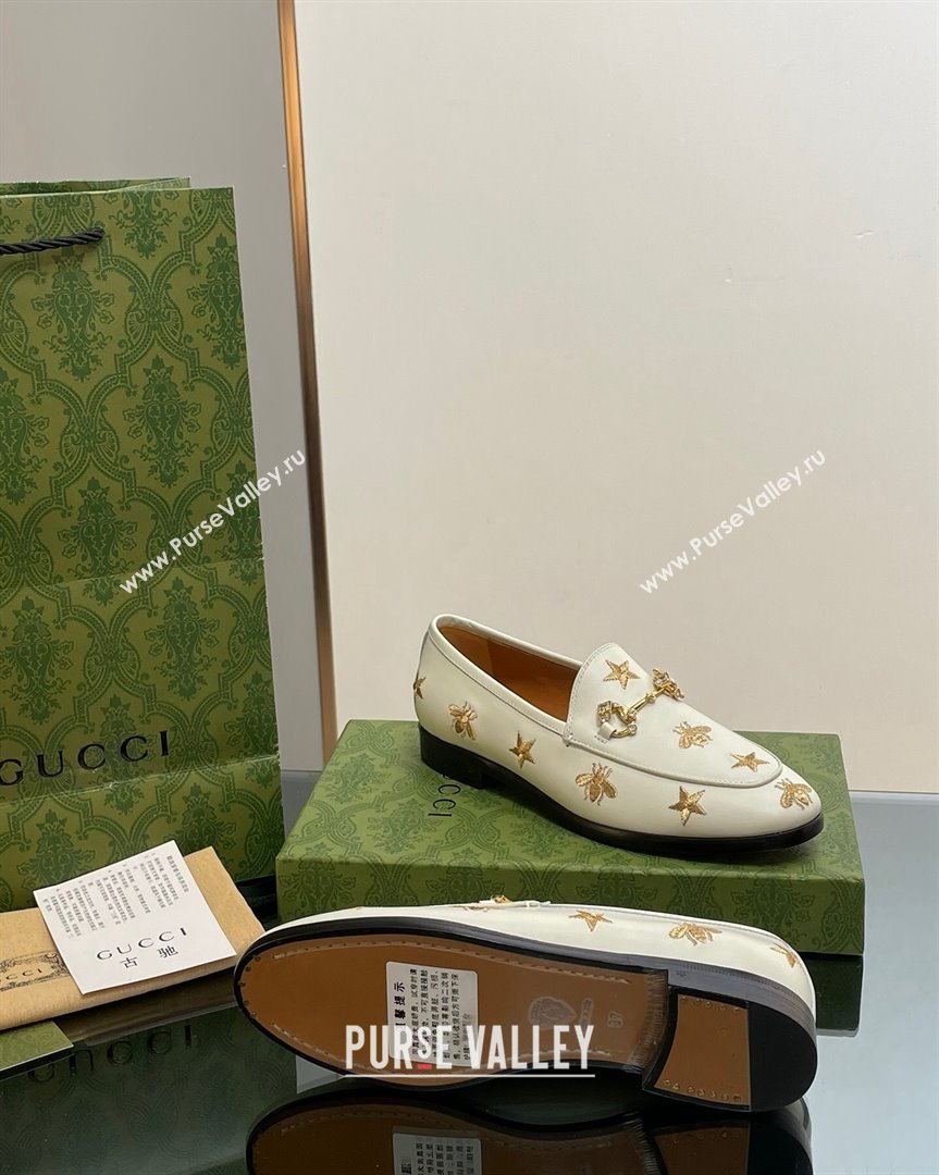 Gucci Jordaan Leather Loafers with Crystal and Bees White 2023 759918 (MD-231012057)