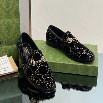 Gucci Jordaan GG Velvet Loafers with Crystals Black 2023 759918 (MD-231012058)