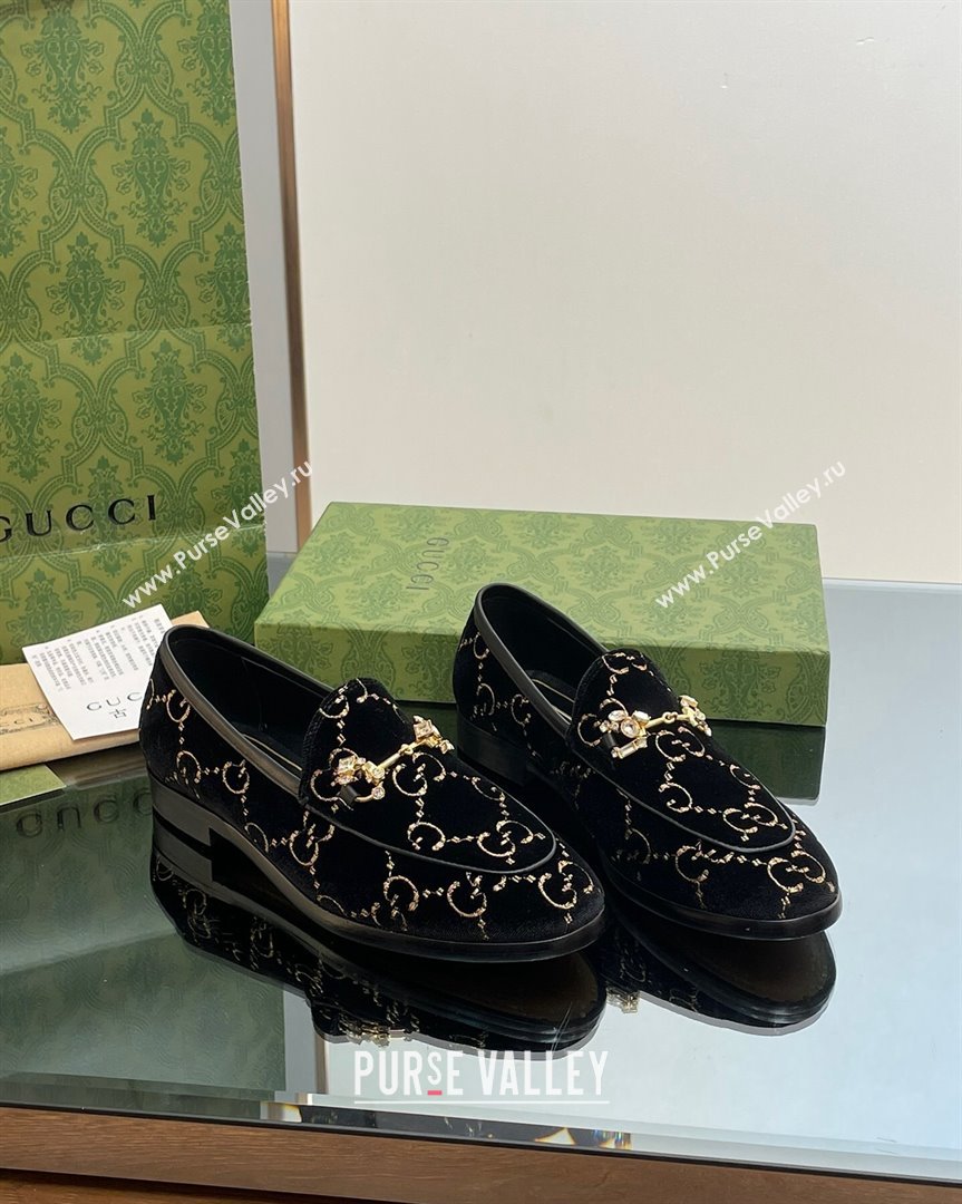 Gucci Jordaan GG Velvet Loafers with Crystals Black 2023 759918 (MD-231012058)