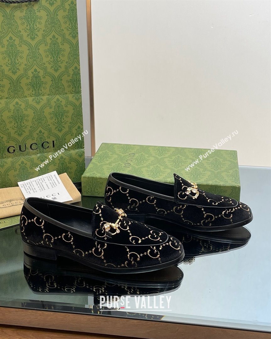 Gucci Jordaan GG Velvet Loafers with Crystals Black 2023 759918 (MD-231012058)