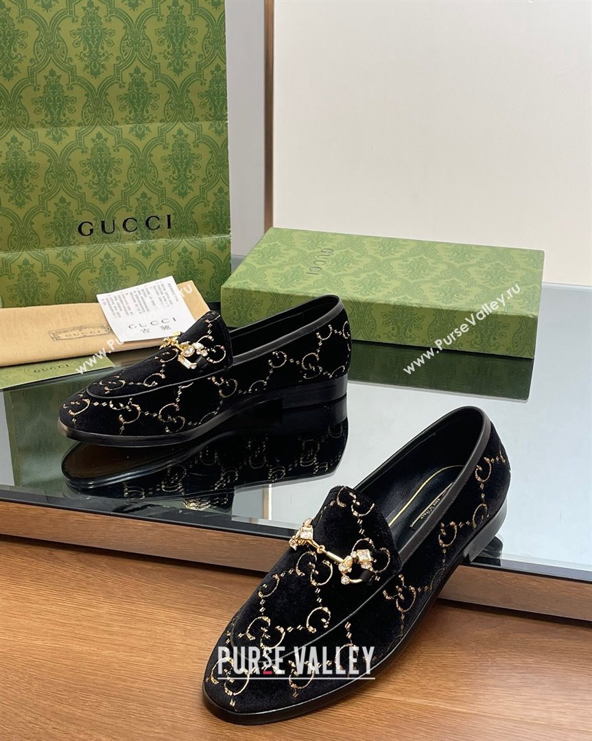 Gucci Jordaan GG Velvet Loafers with Crystals Black 2023 759918 (MD-231012058)