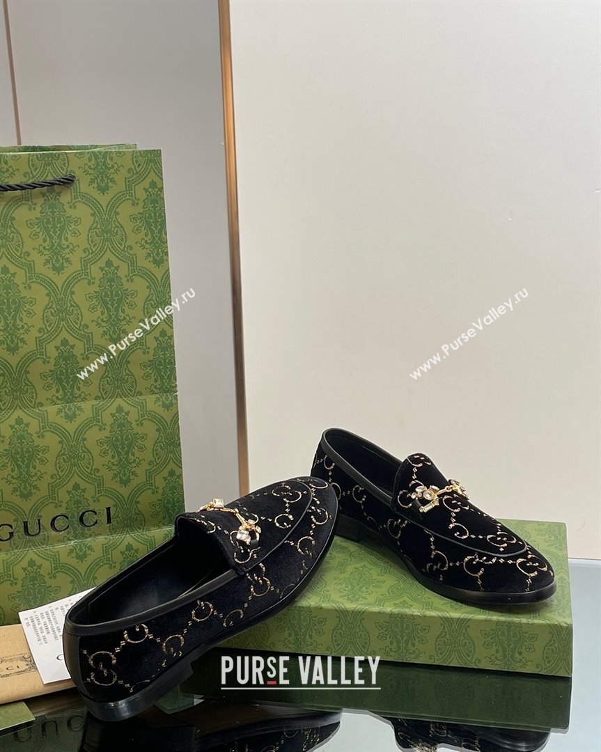 Gucci Jordaan GG Velvet Loafers with Crystals Black 2023 759918 (MD-231012058)