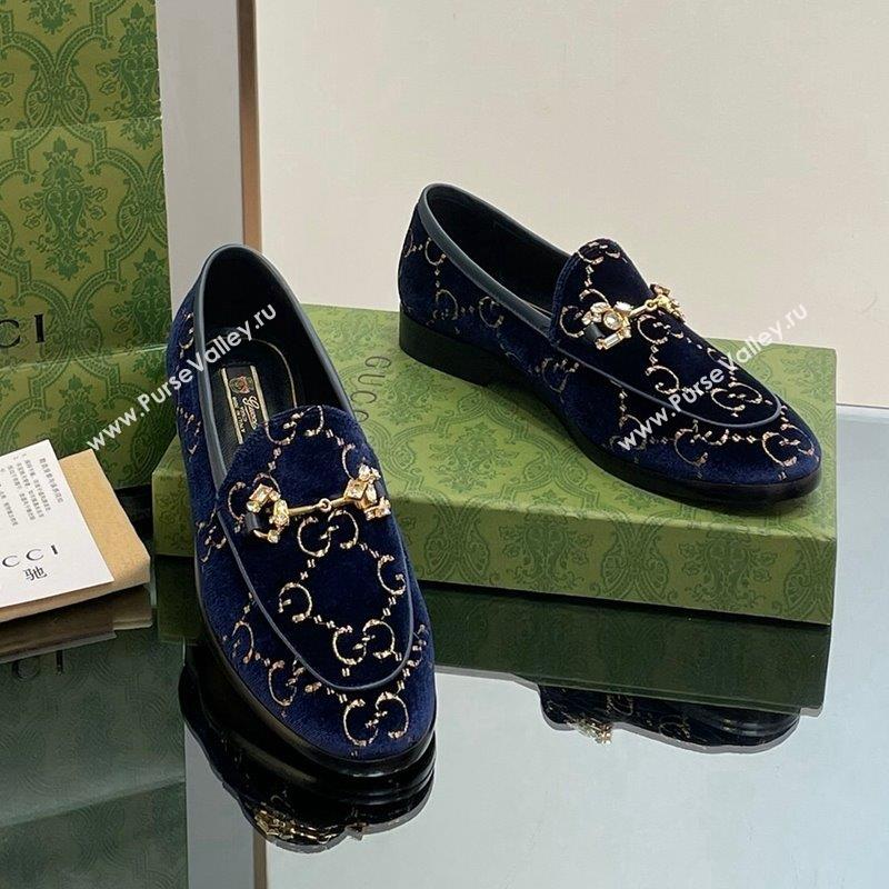 Gucci Jordaan GG Velvet Loafers with Crystals Navy Blue 2023 759918 (MD-231012059)