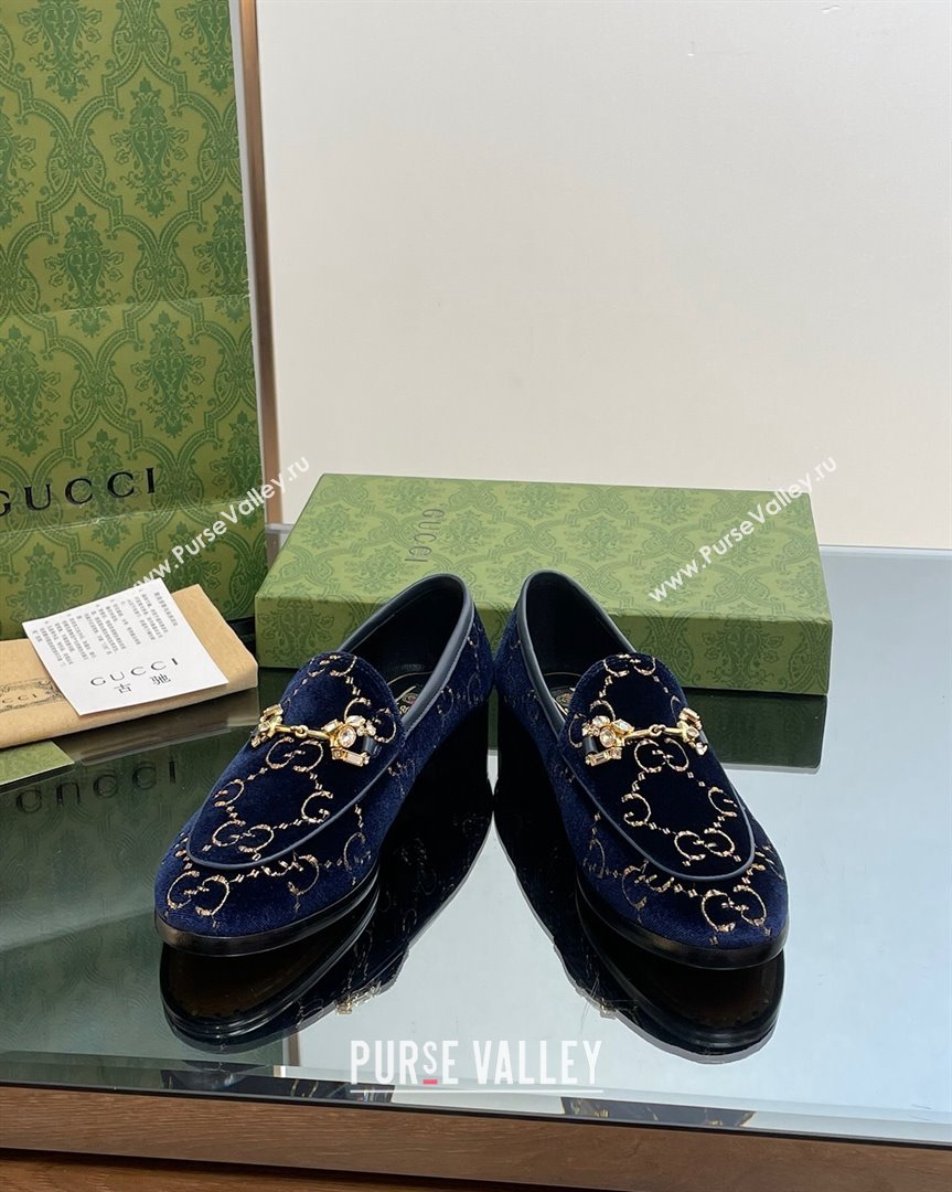 Gucci Jordaan GG Velvet Loafers with Crystals Navy Blue 2023 759918 (MD-231012059)