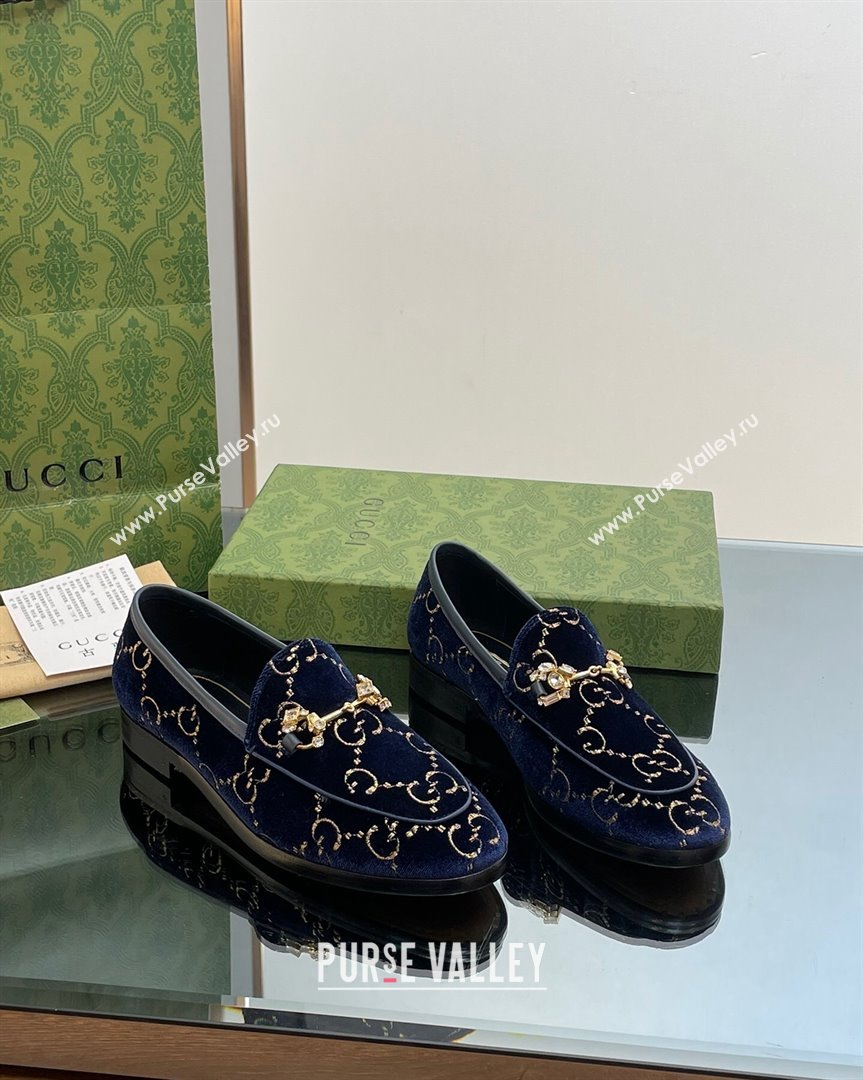 Gucci Jordaan GG Velvet Loafers with Crystals Navy Blue 2023 759918 (MD-231012059)