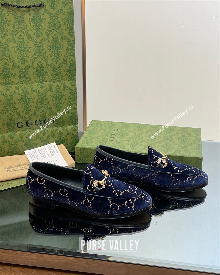 Gucci Jordaan GG Velvet Loafers with Crystals Navy Blue 2023 759918 (MD-231012059)