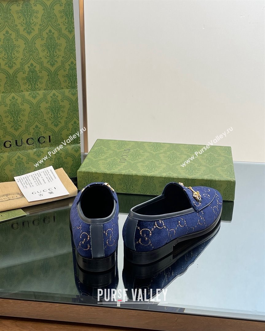 Gucci Jordaan GG Velvet Loafers with Crystals Navy Blue 2023 759918 (MD-231012059)