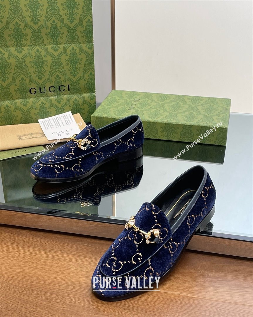 Gucci Jordaan GG Velvet Loafers with Crystals Navy Blue 2023 759918 (MD-231012059)