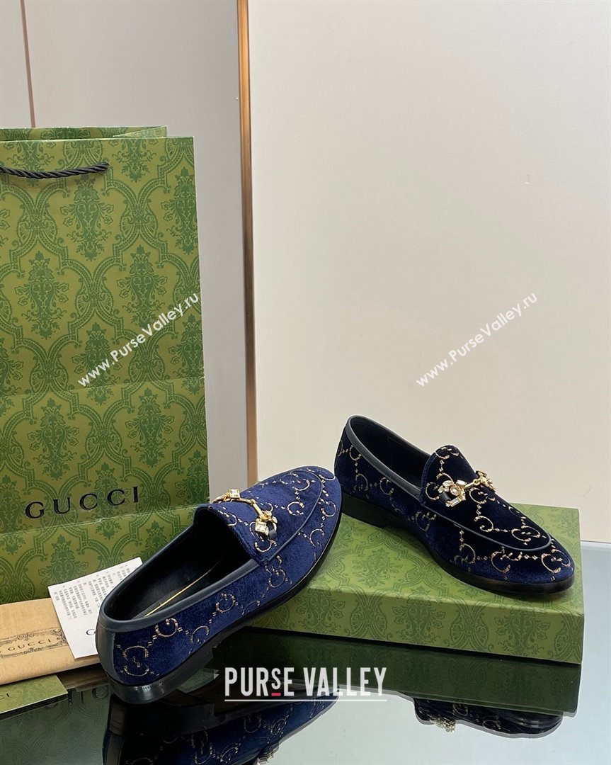 Gucci Jordaan GG Velvet Loafers with Crystals Navy Blue 2023 759918 (MD-231012059)