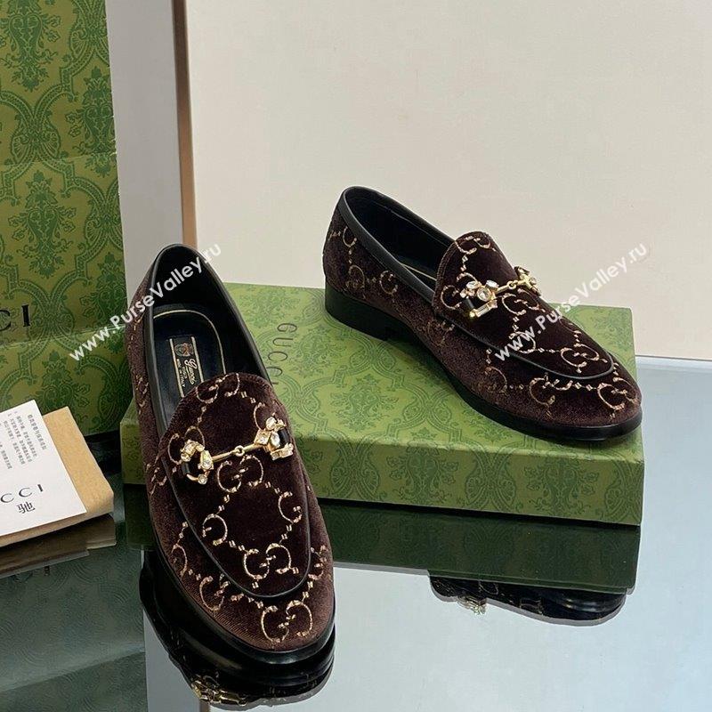 Gucci Jordaan GG Velvet Loafers with Crystals Brown 2023 759918 (MD-231012060)