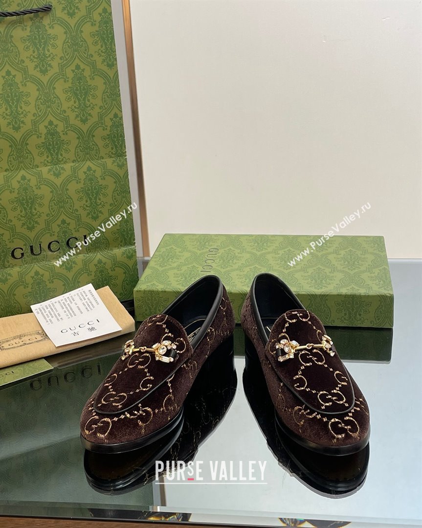 Gucci Jordaan GG Velvet Loafers with Crystals Brown 2023 759918 (MD-231012060)