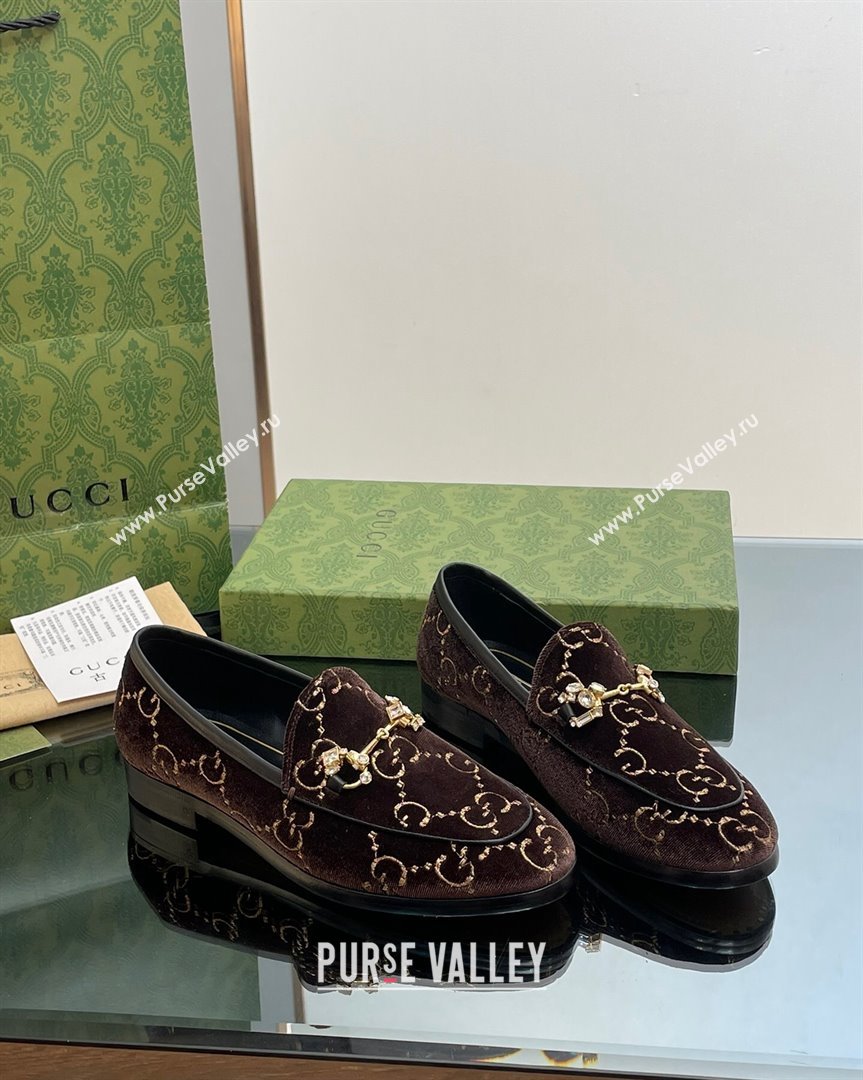 Gucci Jordaan GG Velvet Loafers with Crystals Brown 2023 759918 (MD-231012060)