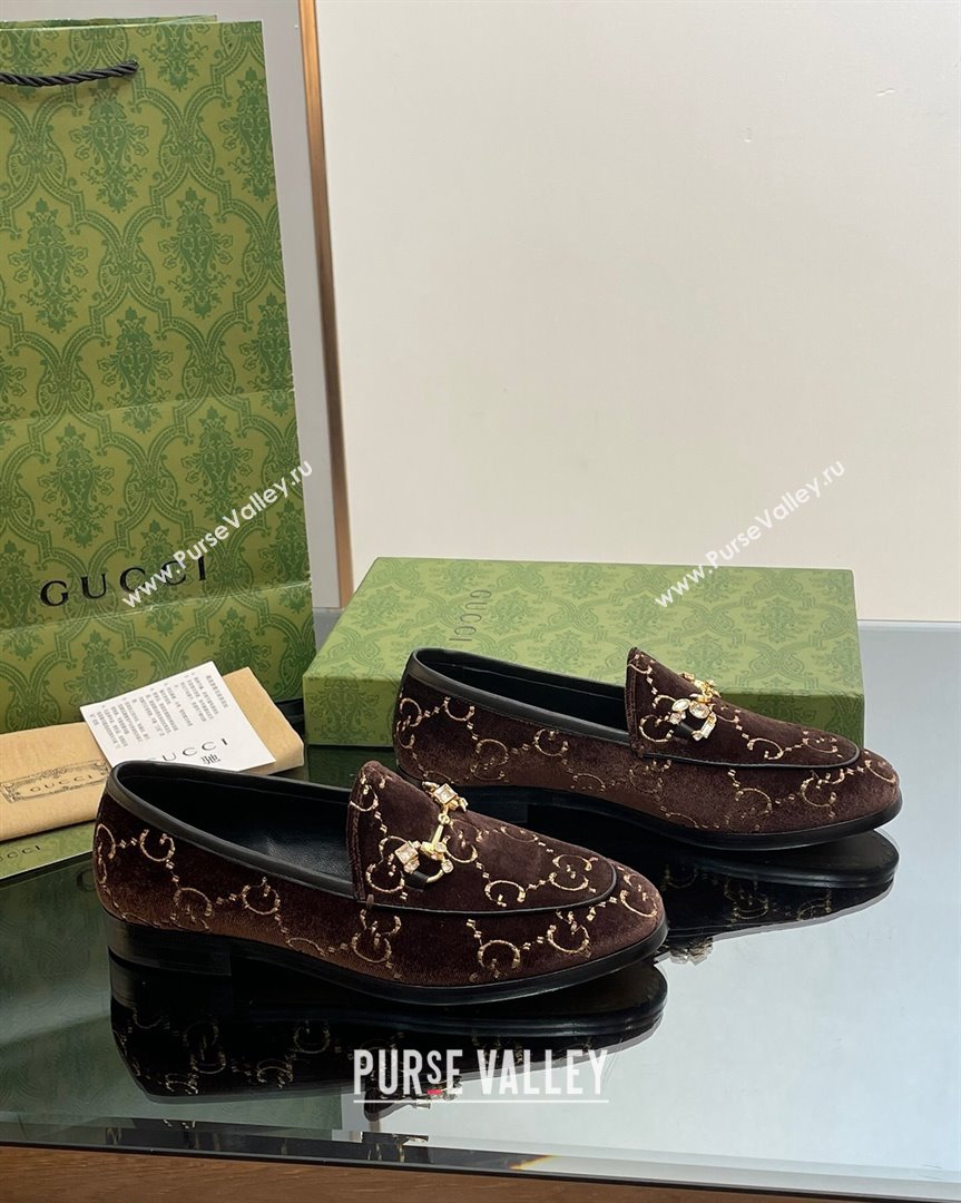 Gucci Jordaan GG Velvet Loafers with Crystals Brown 2023 759918 (MD-231012060)