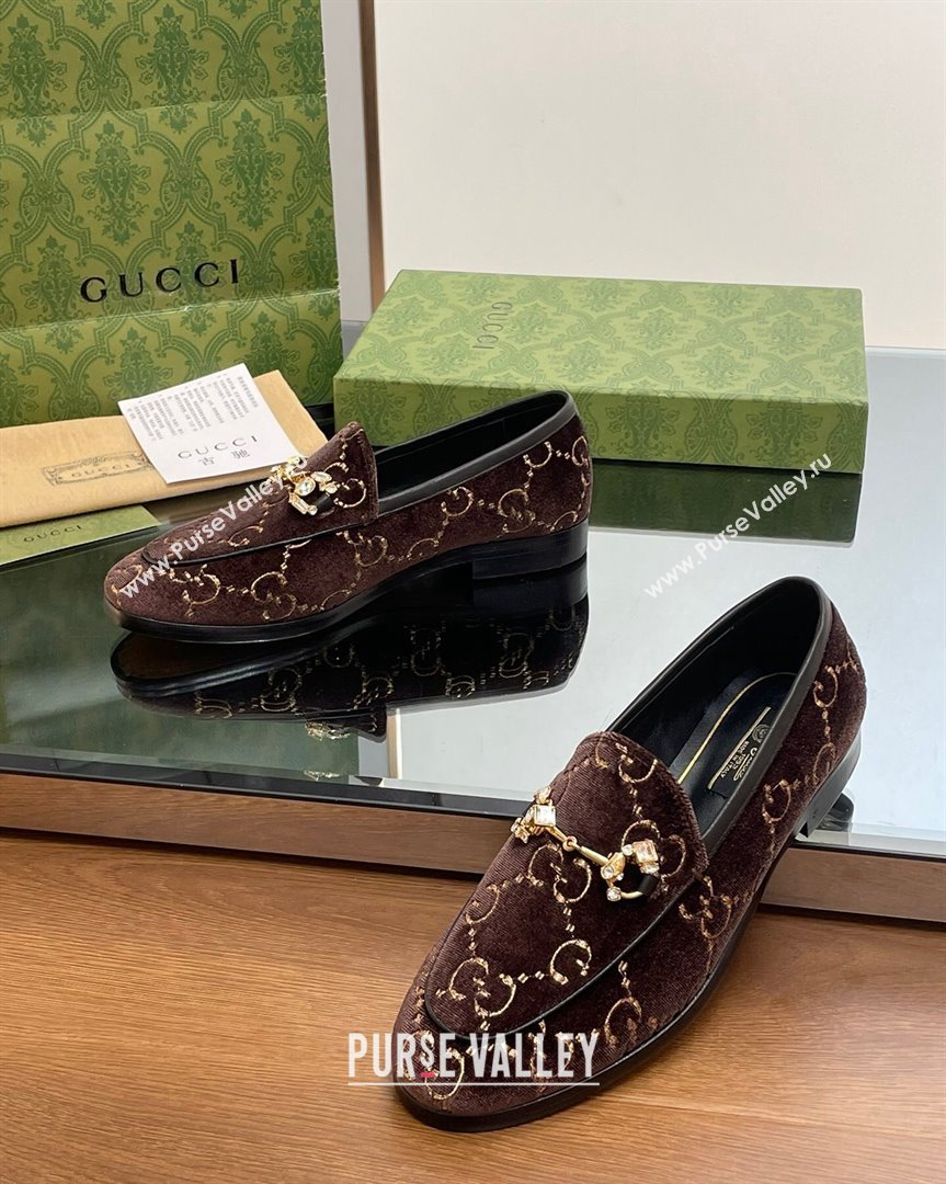 Gucci Jordaan GG Velvet Loafers with Crystals Brown 2023 759918 (MD-231012060)