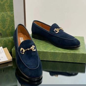 Gucci Jordaan Suede Loafers with Crystals Dark Blue 2023 759918 (MD-231012064)