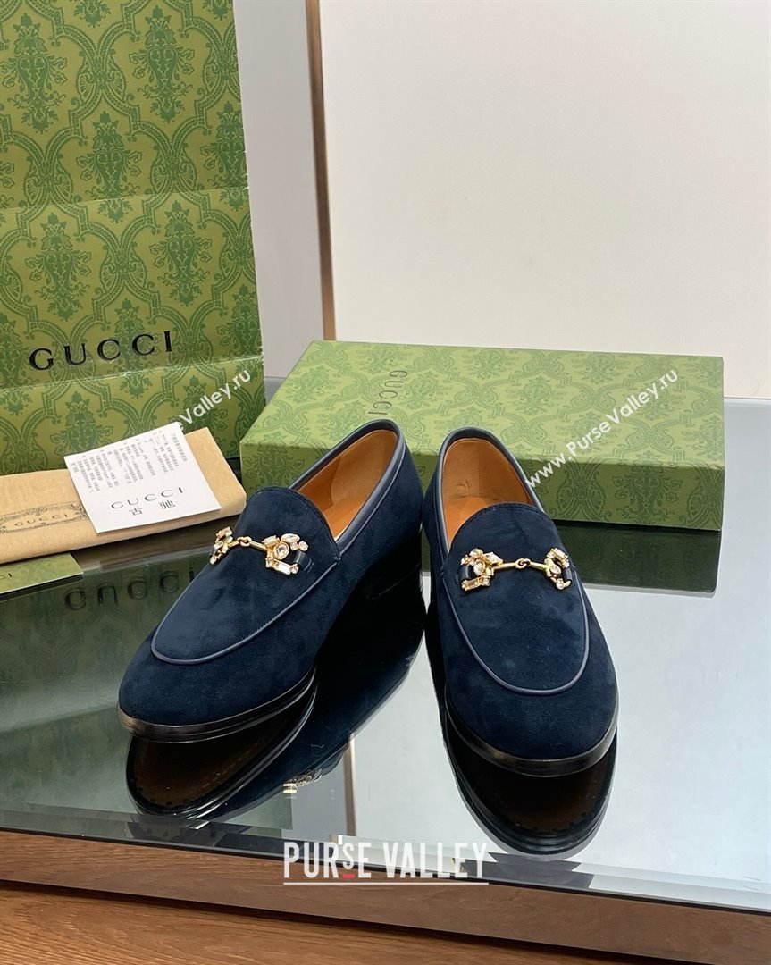 Gucci Jordaan Suede Loafers with Crystals Dark Blue 2023 759918 (MD-231012064)