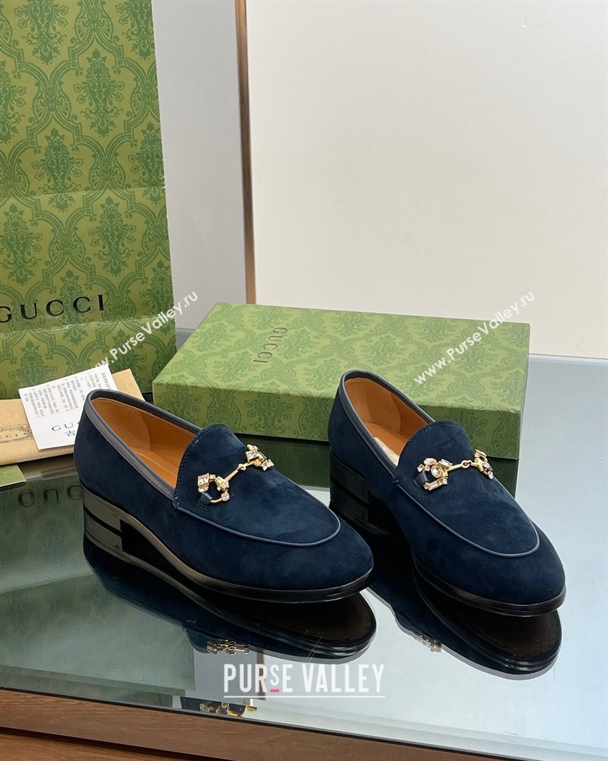 Gucci Jordaan Suede Loafers with Crystals Dark Blue 2023 759918 (MD-231012064)