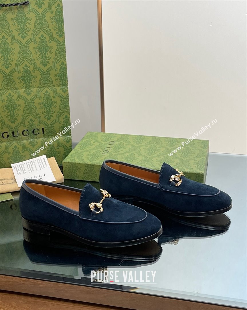 Gucci Jordaan Suede Loafers with Crystals Dark Blue 2023 759918 (MD-231012064)