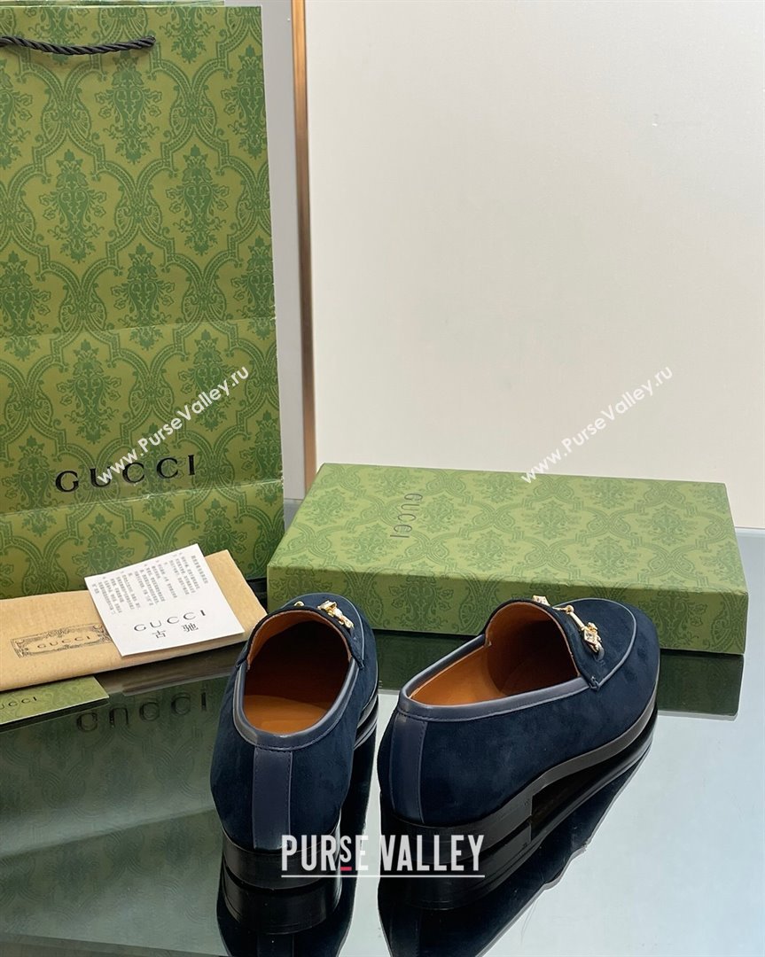 Gucci Jordaan Suede Loafers with Crystals Dark Blue 2023 759918 (MD-231012064)