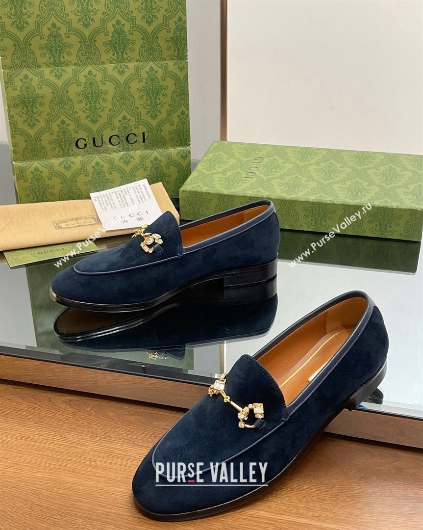 Gucci Jordaan Suede Loafers with Crystals Dark Blue 2023 759918 (MD-231012064)