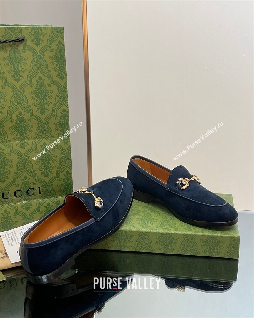 Gucci Jordaan Suede Loafers with Crystals Dark Blue 2023 759918 (MD-231012064)