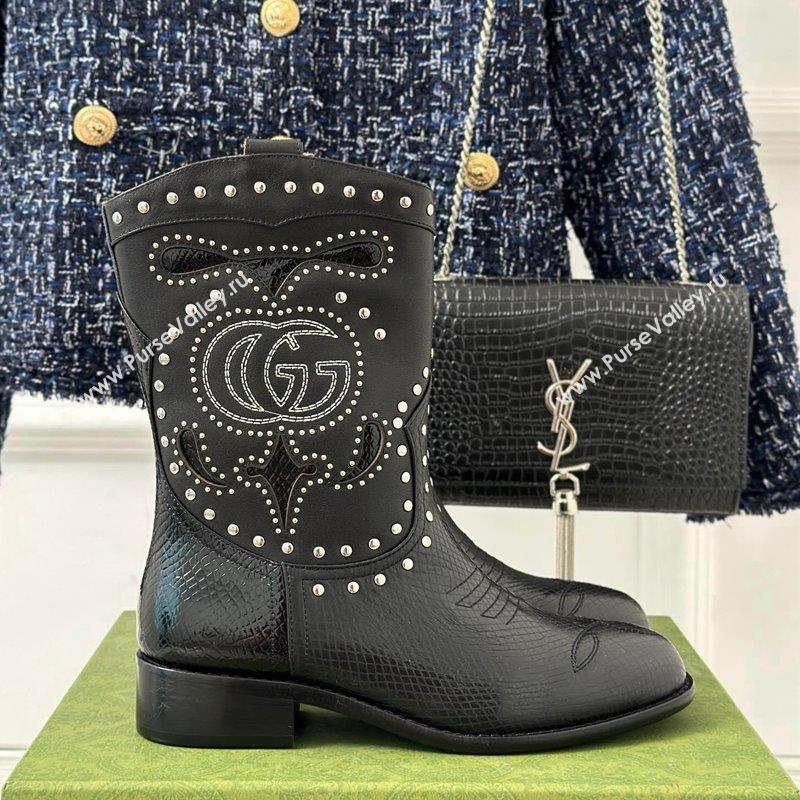 Gucci Lizard-print Leather Ankle Boots 3cm with Double G and Studs Black 2023 750508 (MD-231012069)