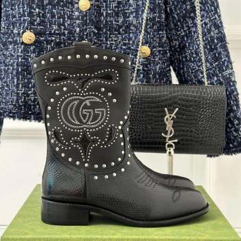 Gucci Lizard-print Leather Ankle Boots 3cm with Double G and Studs Black 2023 750508 (MD-231012069)