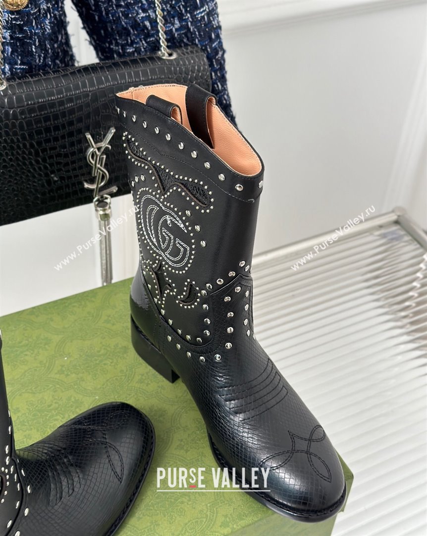 Gucci Lizard-print Leather Ankle Boots 3cm with Double G and Studs Black 2023 750508 (MD-231012069)