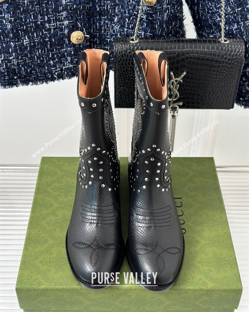 Gucci Lizard-print Leather Ankle Boots 3cm with Double G and Studs Black 2023 750508 (MD-231012069)