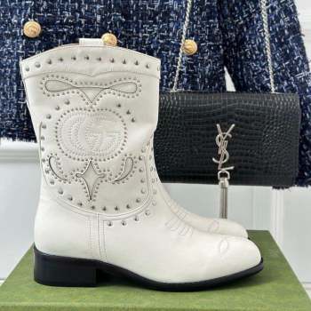 Gucci Leather Ankle Boots 3cm with Double G and Studs White 2023 750508 (MD-231012071)