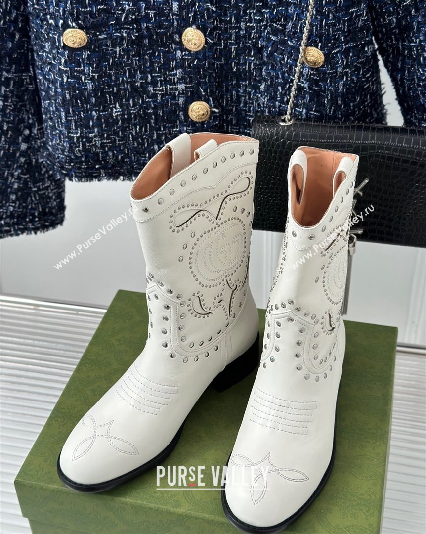 Gucci Leather Ankle Boots 3cm with Double G and Studs White 2023 750508 (MD-231012071)