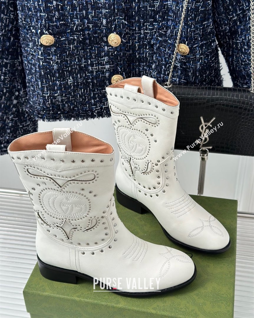 Gucci Leather Ankle Boots 3cm with Double G and Studs White 2023 750508 (MD-231012071)