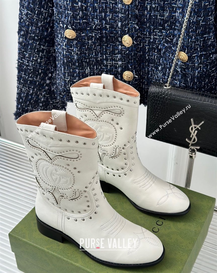 Gucci Leather Ankle Boots 3cm with Double G and Studs White 2023 750508 (MD-231012071)