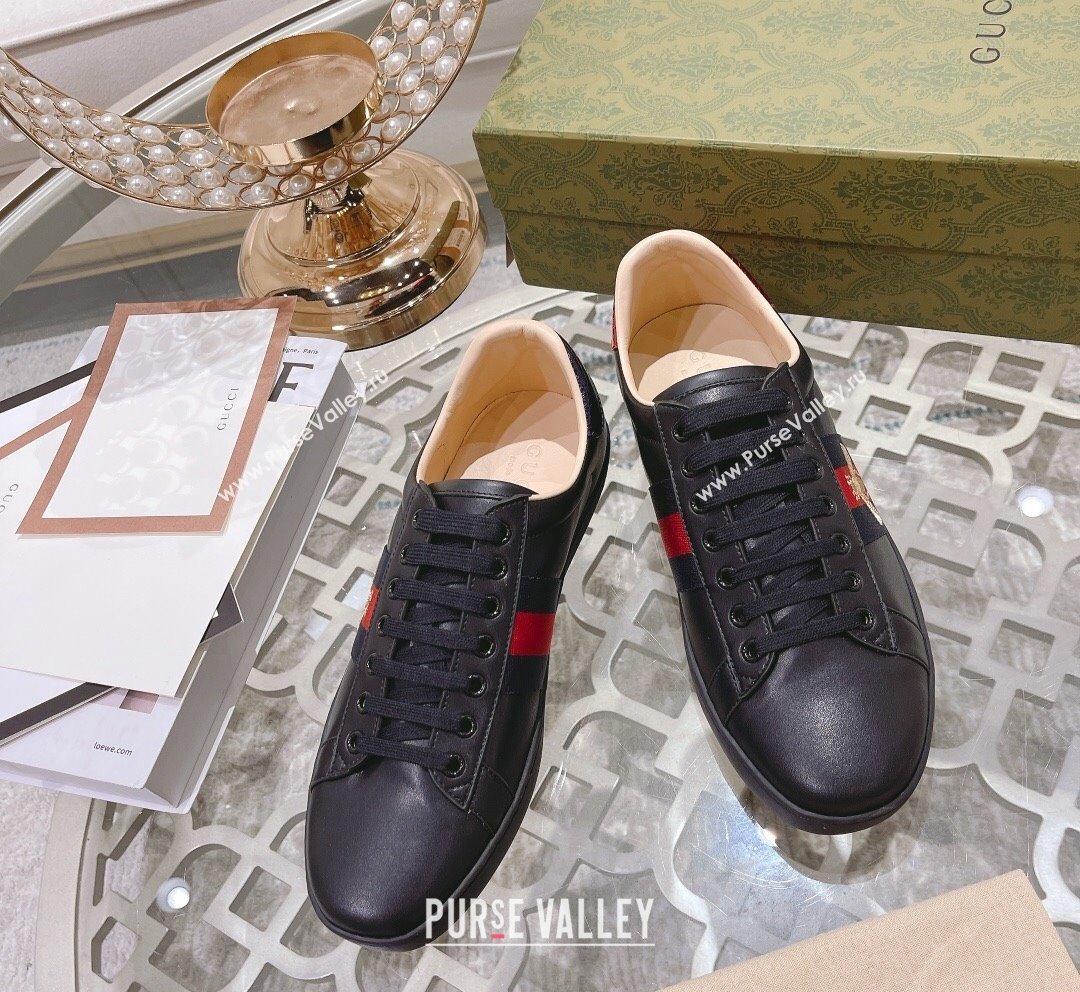 Gucci Ace Leather Sneakers with Bee Black 6 2023 1012 (SS-231012077)