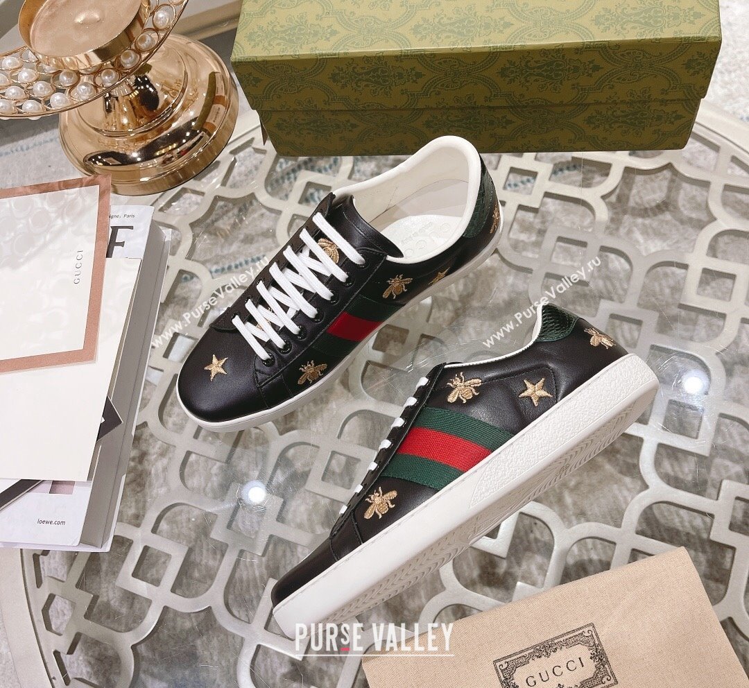 Gucci Ace Leather Sneakers with Bees Black 8 2023 1012 (SS-231012079)