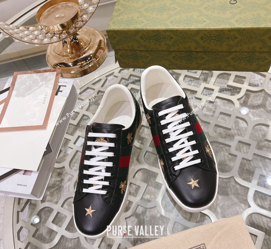 Gucci Ace Leather Sneakers with Bees Black 8 2023 1012 (SS-231012079)