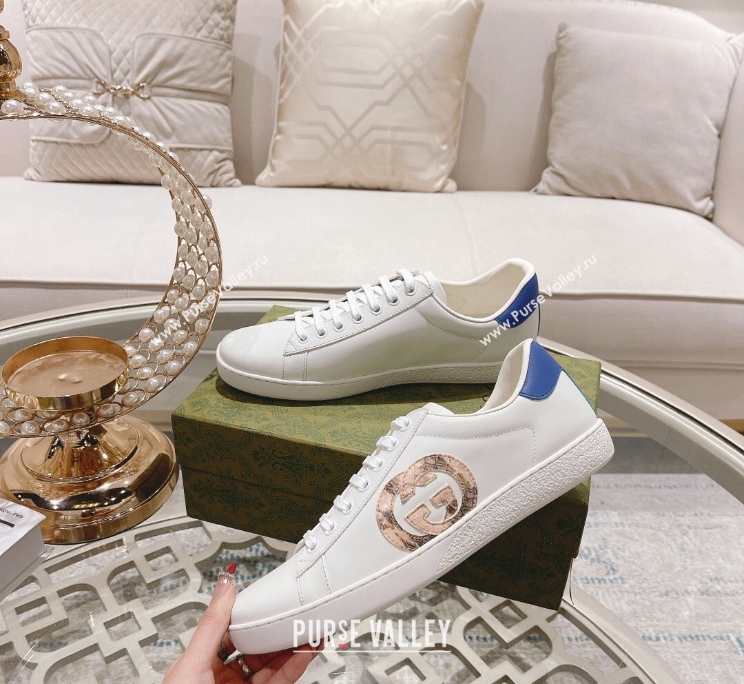 Gucci Ace Leather Sneakers with Snakeskin Printed Interlocking G White 2023 1012 (SS-231012086)