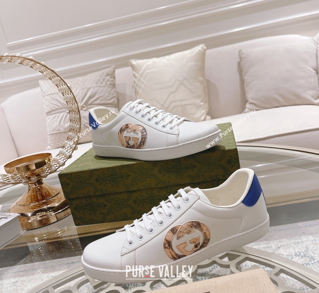 Gucci Ace Leather Sneakers with Snakeskin Printed Interlocking G White 2023 1012 (SS-231012086)