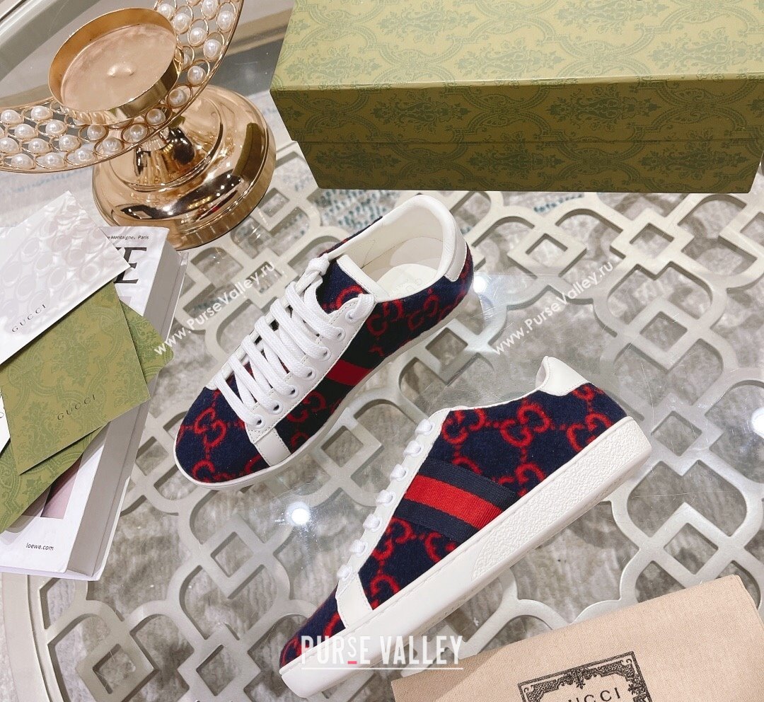 Gucci Ace GG Wool Sneakers Navy Blue/Red 2023 1012 (SS-231012089)