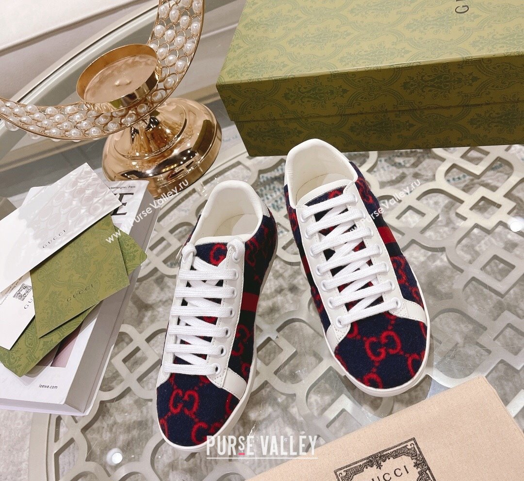 Gucci Ace GG Wool Sneakers Navy Blue/Red 2023 1012 (SS-231012089)