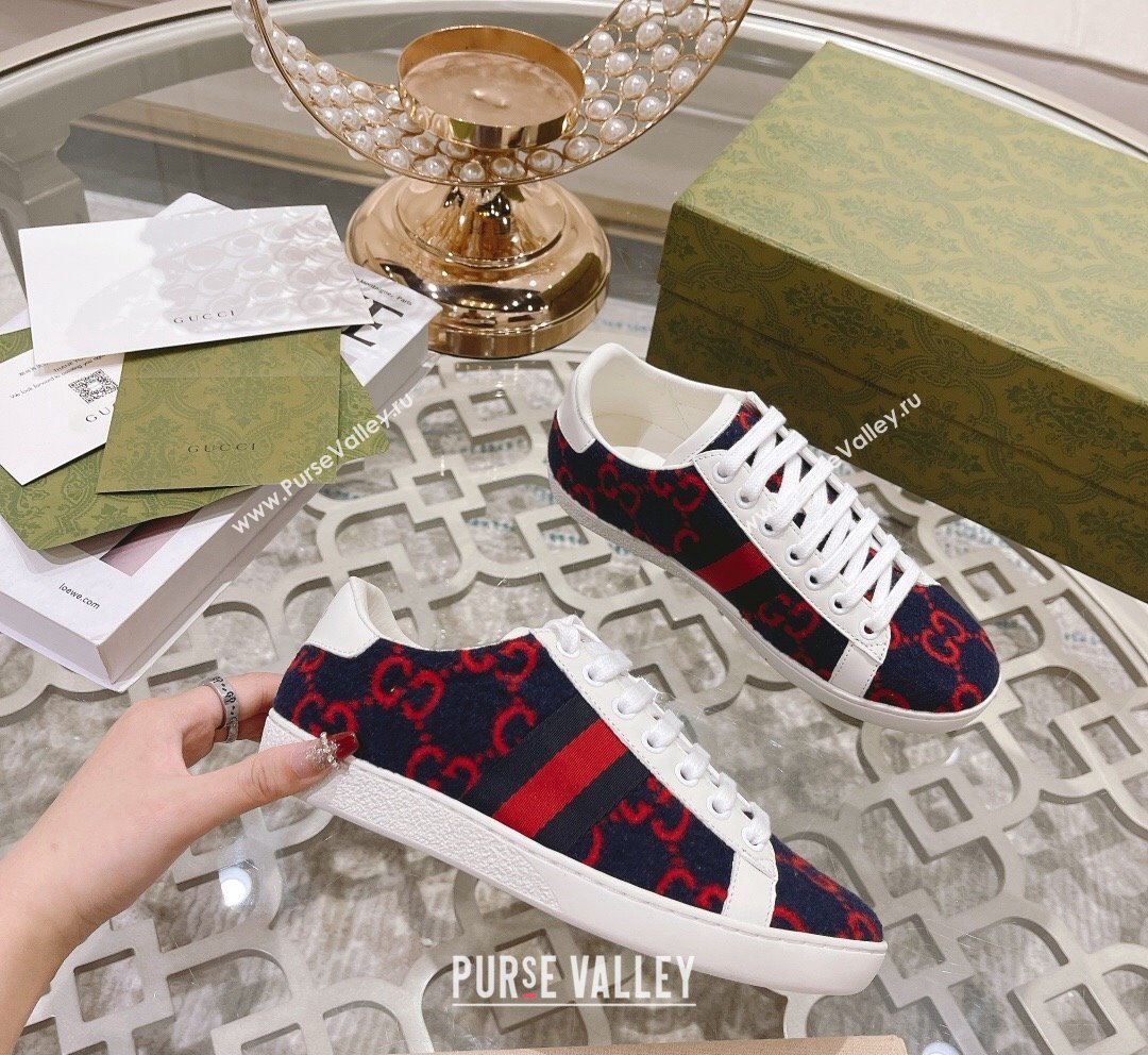 Gucci Ace GG Wool Sneakers Navy Blue/Red 2023 1012 (SS-231012089)