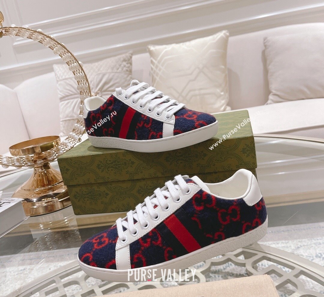 Gucci Ace GG Wool Sneakers Navy Blue/Red 2023 1012 (SS-231012089)