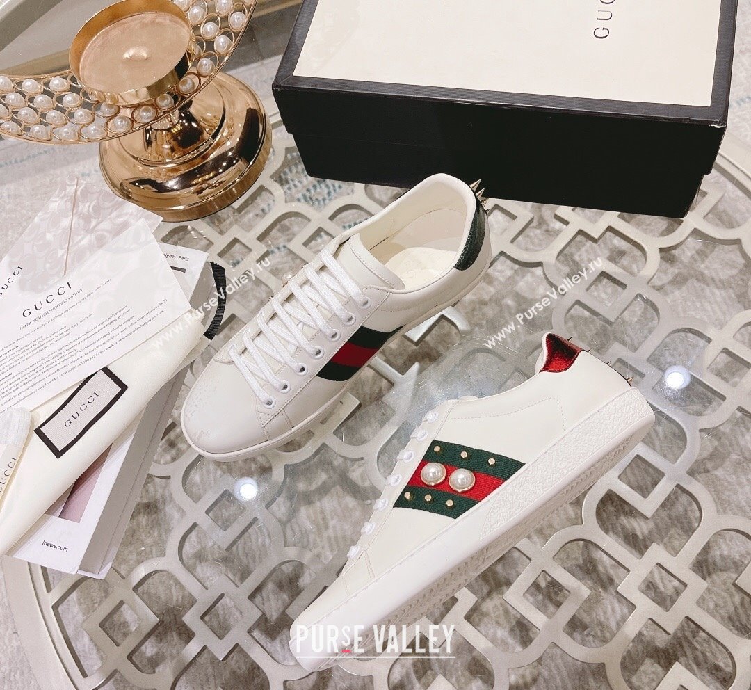 Gucci Ace Leather Sneakers with Pearls Web White 2023 1012 (SS-231012094)