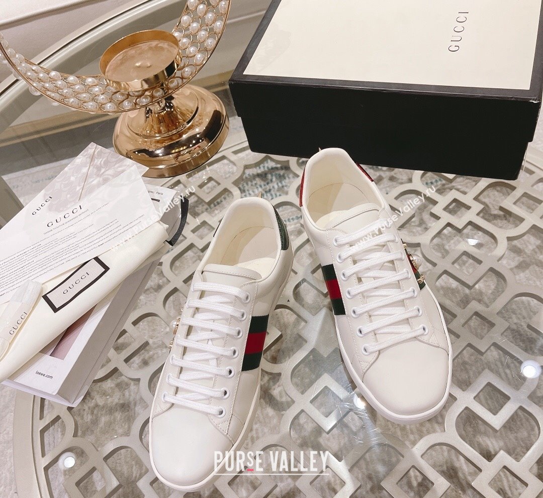 Gucci Ace Leather Sneakers with Pearls Web White 2023 1012 (SS-231012094)