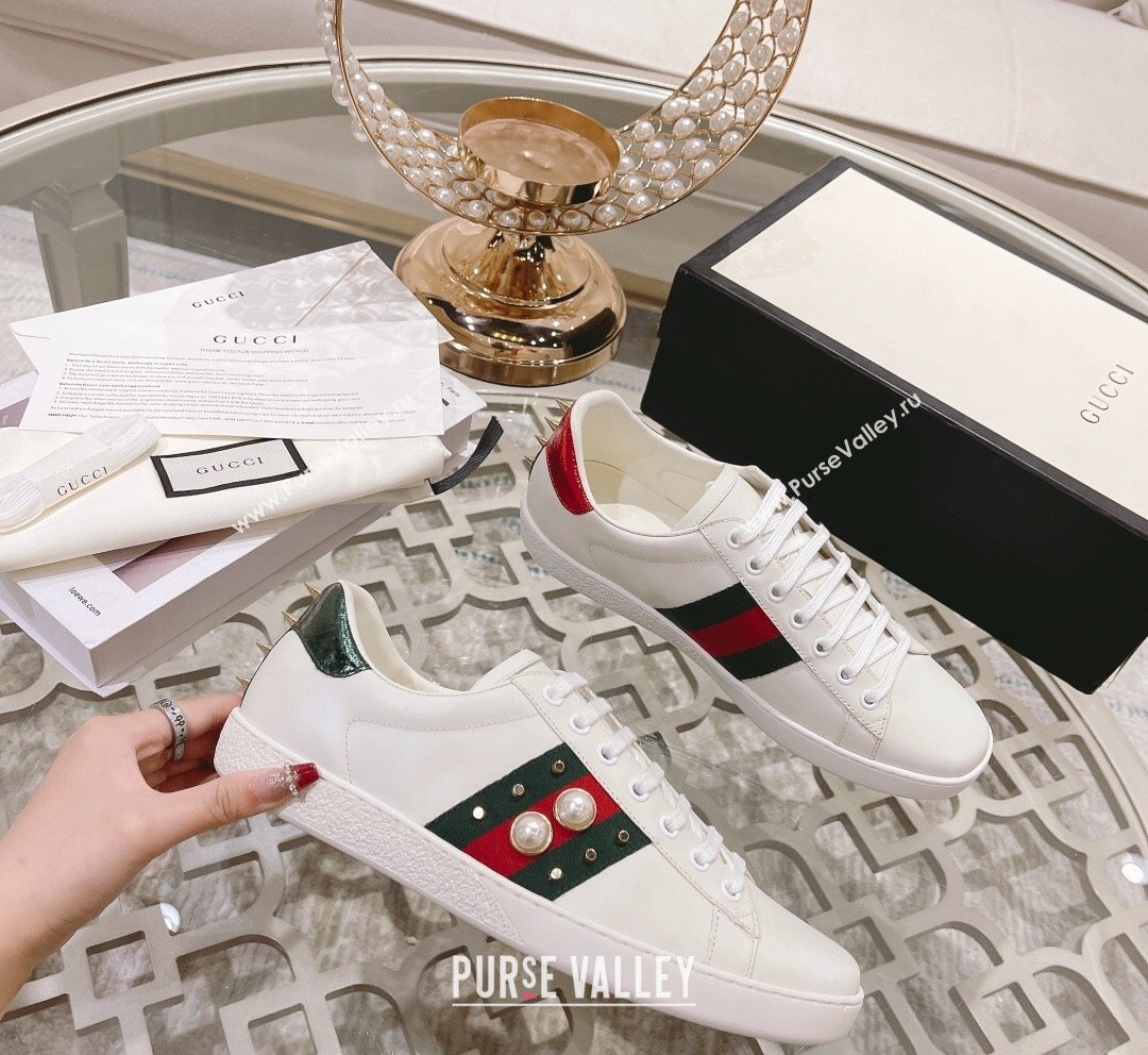 Gucci Ace Leather Sneakers with Pearls Web White 2023 1012 (SS-231012094)