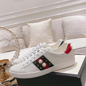 Gucci Ace Leather Sneakers with Pearls Web White 2023 1012 (SS-231012094)