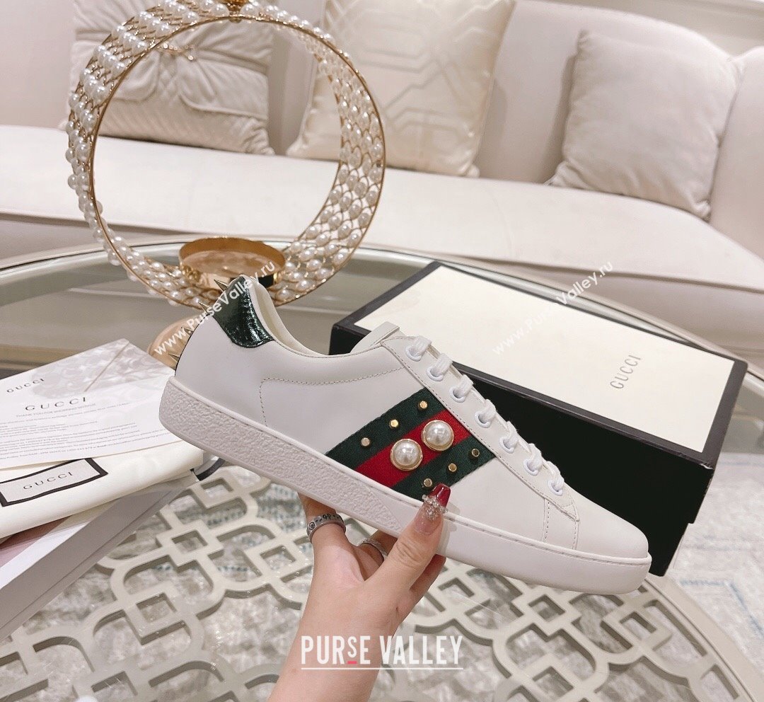 Gucci Ace Leather Sneakers with Pearls Web White 2023 1012 (SS-231012094)