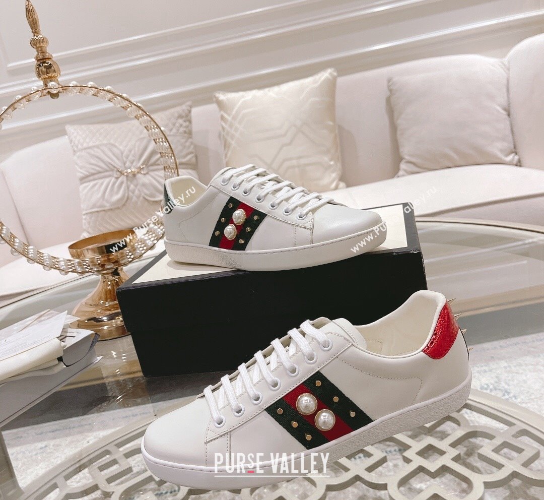 Gucci Ace Leather Sneakers with Pearls Web White 2023 1012 (SS-231012094)